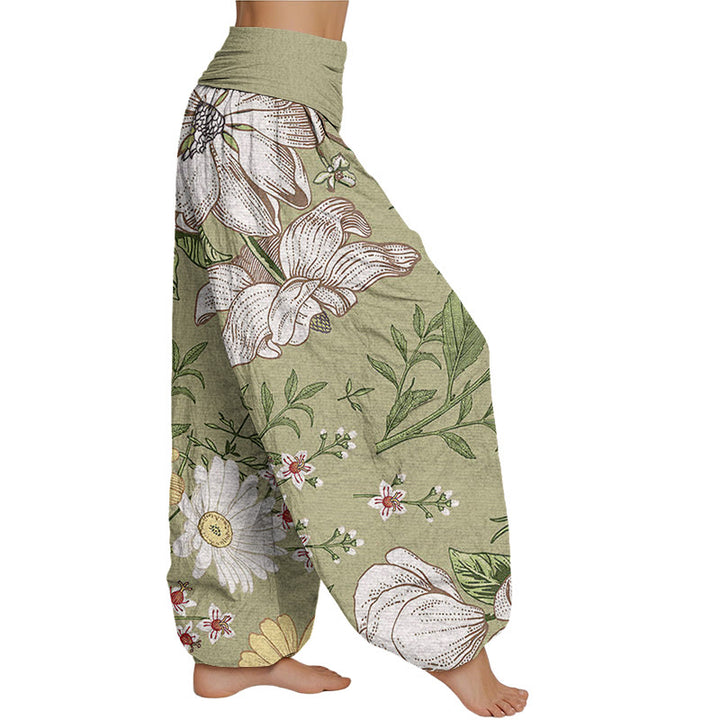 Buddha Stones Daisy Weiße Blumen Muster Damen Haremshose mit elastischer Taille