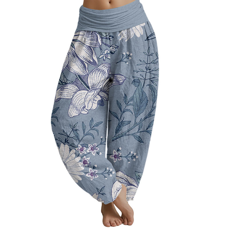 Buddha Stones Daisy Weiße Blumen Muster Damen Haremshose mit elastischer Taille