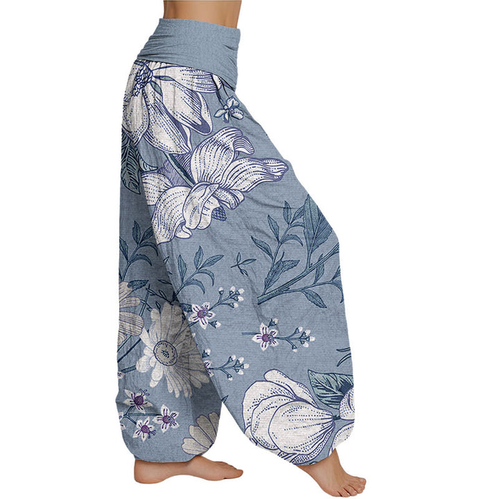 Buddha Stones Daisy Weiße Blumen Muster Damen Haremshose mit elastischer Taille