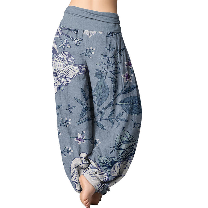 Buddha Stones Daisy Weiße Blumen Muster Damen Haremshose mit elastischer Taille