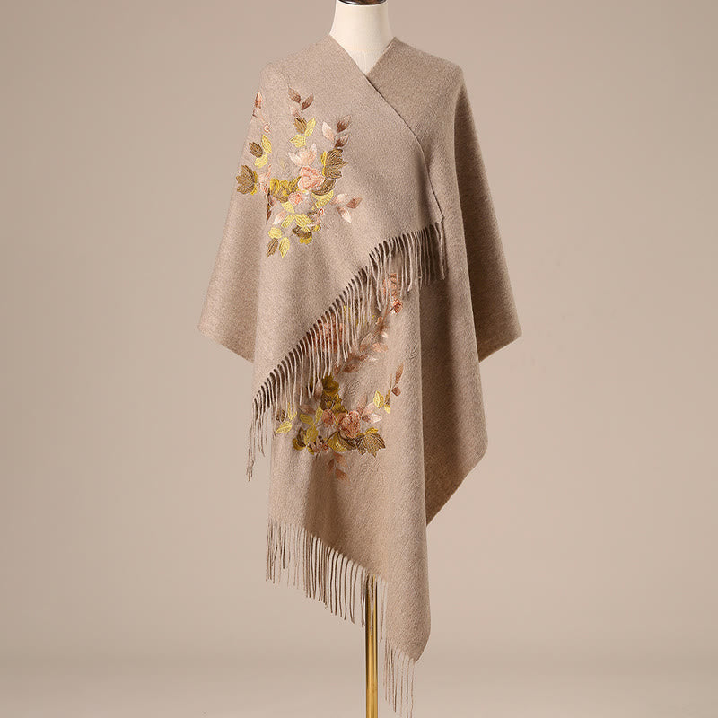 Buddha Stones, Wollschal, weiß, rosa, Blumen, goldene Blätter, Stickerei, Quaste, Winter, gemütlicher Reiseschal, Wickelschal - Bräunen - 200 x 60 cm - image 3