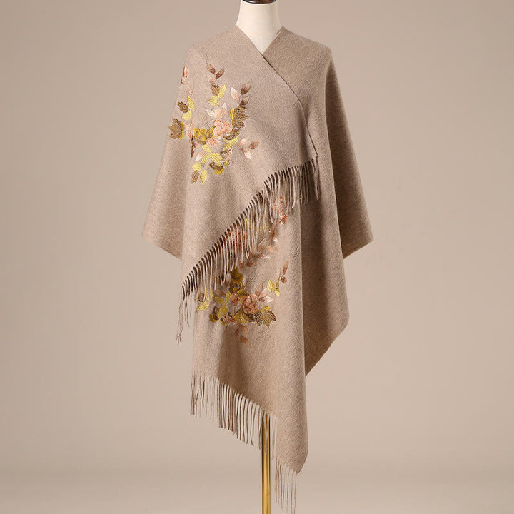 Buddha Stones, Wollschal, weiß, rosa, Blumen, goldene Blätter, Stickerei, Quaste, Winter, gemütlicher Reiseschal, Wickelschal - Bräunen - 200 x 60 cm - image 3