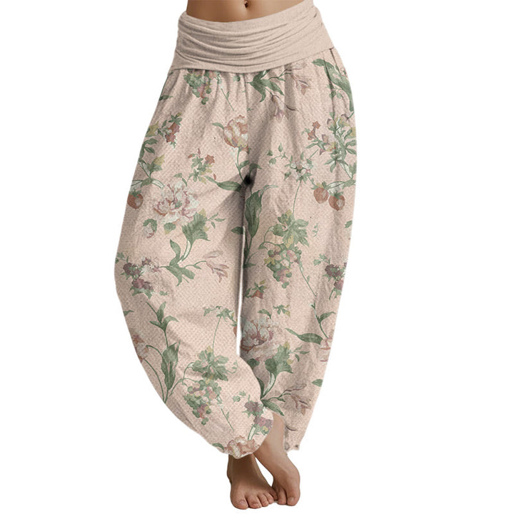 Buddha Stones Lässige Haremshose mit rosa Blumenmuster für Damen, elastische Taille