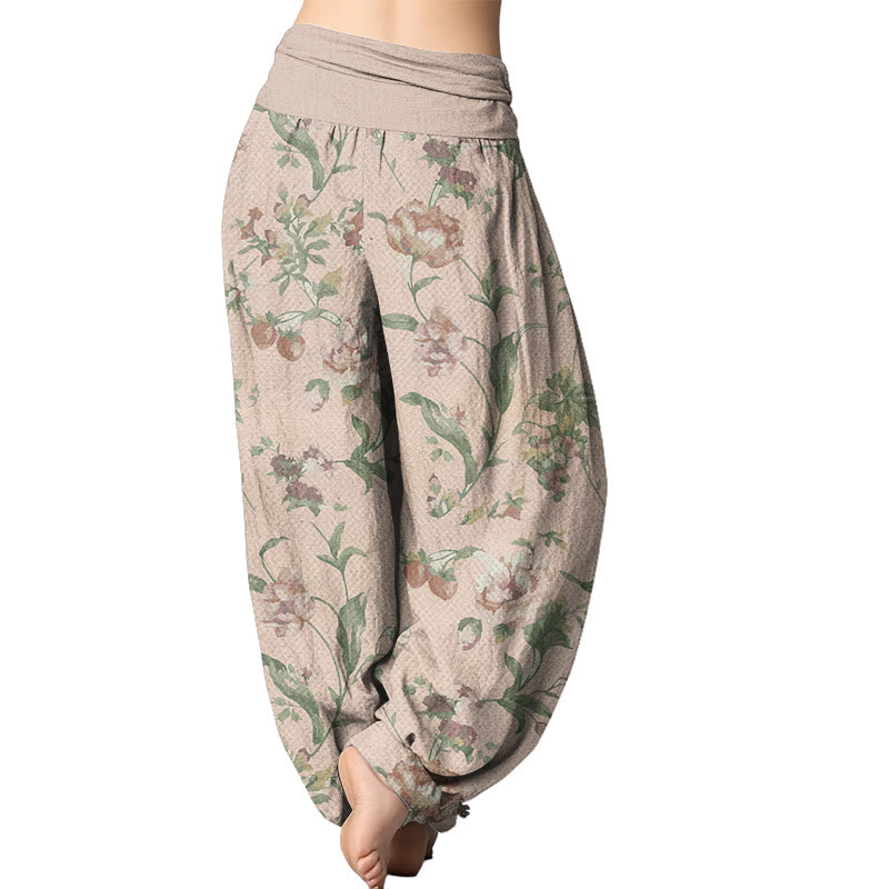 Buddha Stones Lässige Haremshose mit rosa Blumenmuster für Damen, elastische Taille