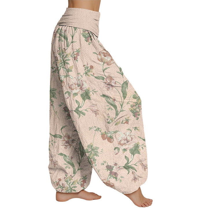 Buddha Stones Lässige Haremshose mit rosa Blumenmuster für Damen, elastische Taille