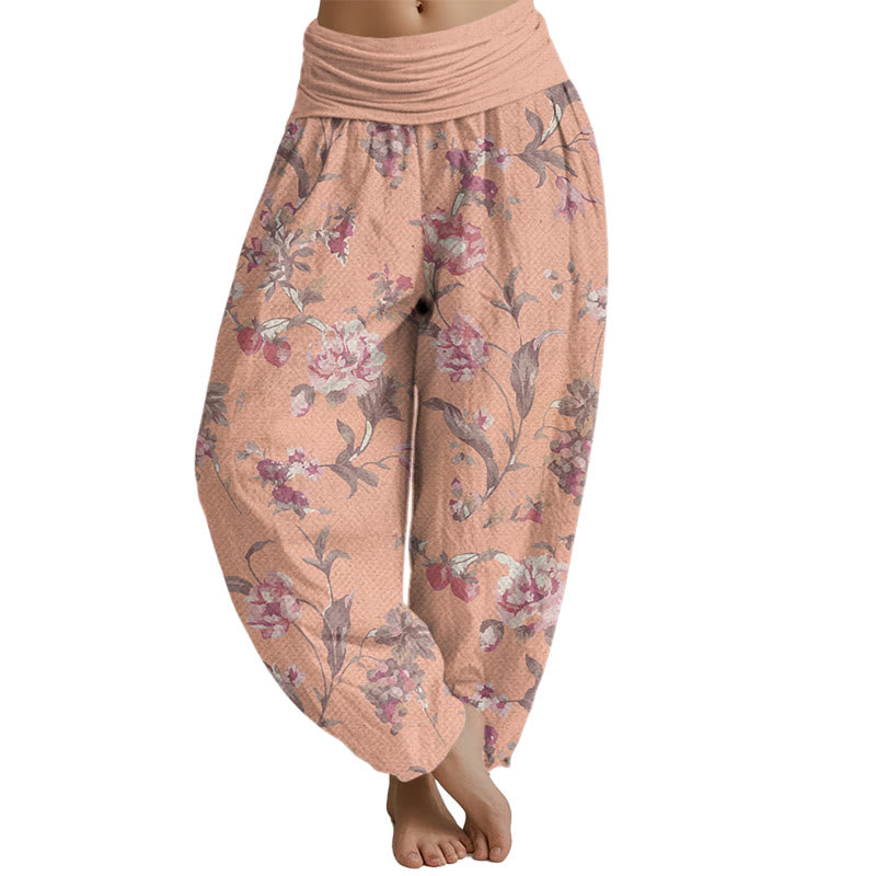 Buddha Stones Lässige Haremshose mit rosa Blumenmuster für Damen, elastische Taille