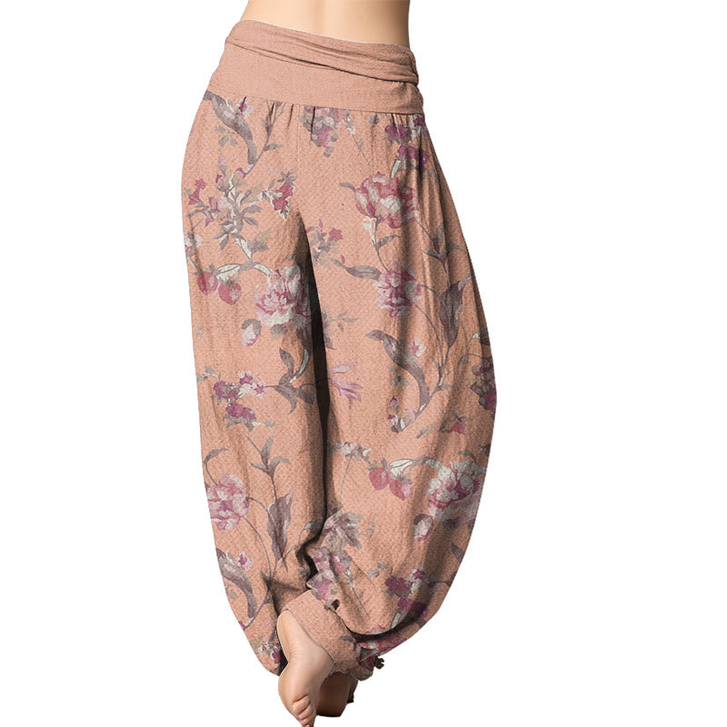 Buddha Stones Lässige Haremshose mit rosa Blumenmuster für Damen, elastische Taille