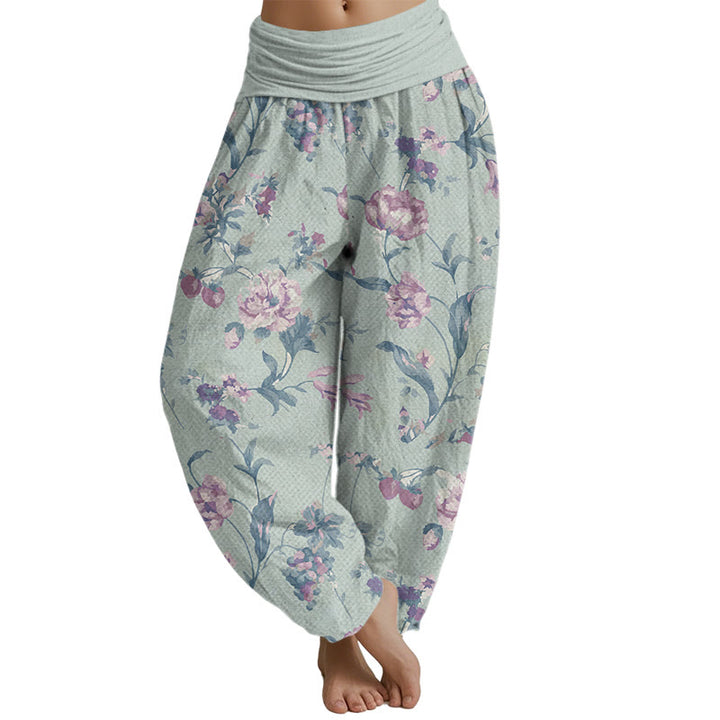 Buddha Stones Lässige Haremshose mit rosa Blumenmuster für Damen, elastische Taille