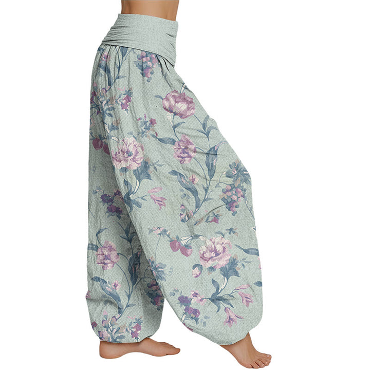 Buddha Stones Lässige Haremshose mit rosa Blumenmuster für Damen, elastische Taille