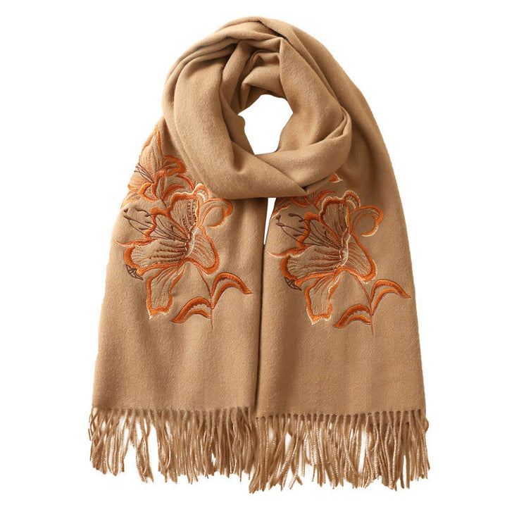 Buddha Stones -Wollschal, Lilien-Stickerei, Quaste, Winter, gemütlicher Reiseschal, Wickeltuch - image 1