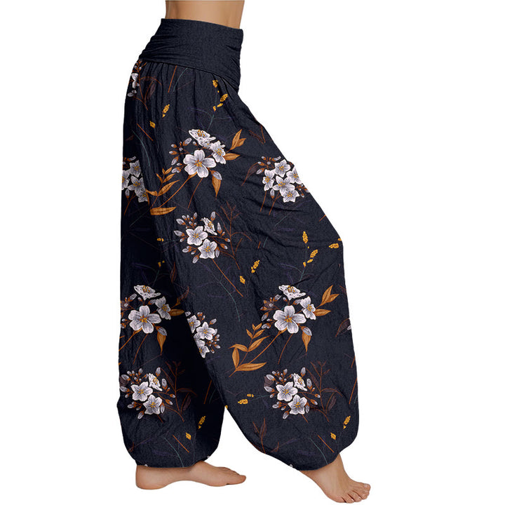 Lässige Haremshose mit Blumenmuster für Damen mit elastischer Taille und Buddha Stones