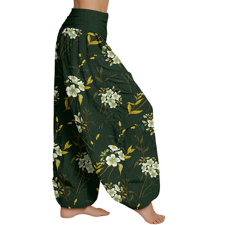 Lässige Haremshose mit Blumenmuster für Damen mit elastischer Taille und Buddha Stones