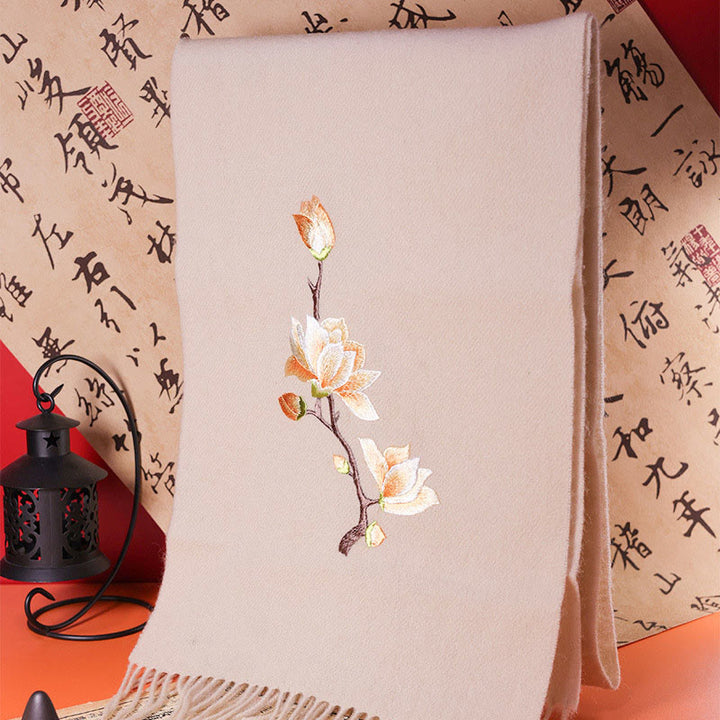 Buddha Stones -Wollschal Yulan Magnolia Stickerei Quaste Winter gemütlich Reiseschal Wrap - 180 x 37 cm - image 0