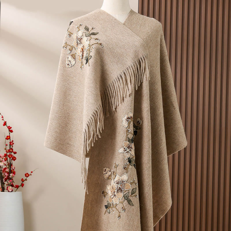 Buddha Stones ​​Wolle Schal weiß Orange Blume Stickerei Quaste Winter gemütlich Reise Schal wickeln - Bräunen - 200 x 60 cm - image 2