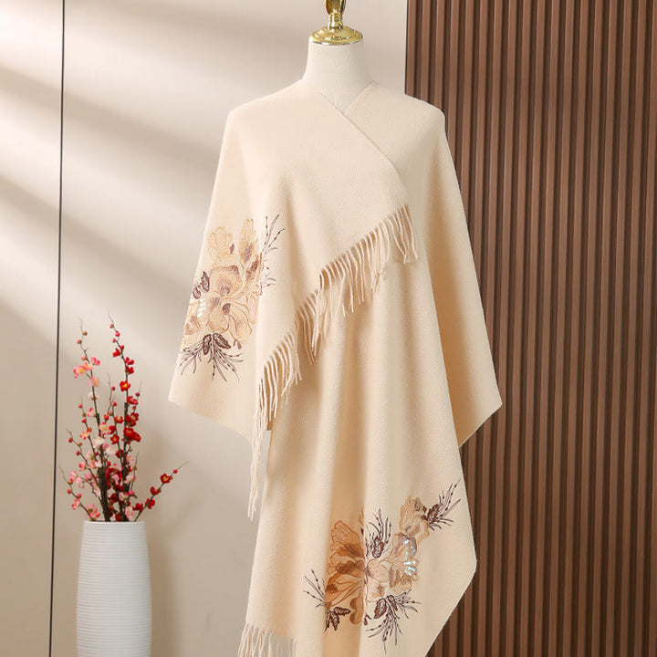 Buddha Stones -Wollschal, Blumen-Pailletten-Stickerei, Quaste, Winter, gemütlicher Reiseschal, Wickeltuch - Pfirsichpuff - 200 x 60 cm - image 6