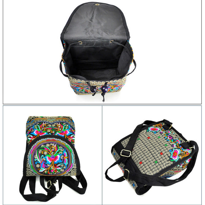 Rucksack aus Canvas mit Buddha Stones , Pfingstrose und chinesischem Geldbaum-Stickerei