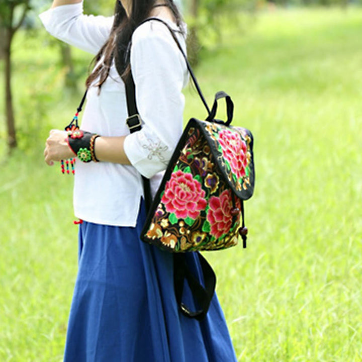 Rucksack aus Canvas mit Buddha Stones , Pfingstrose und chinesischem Geldbaum-Stickerei