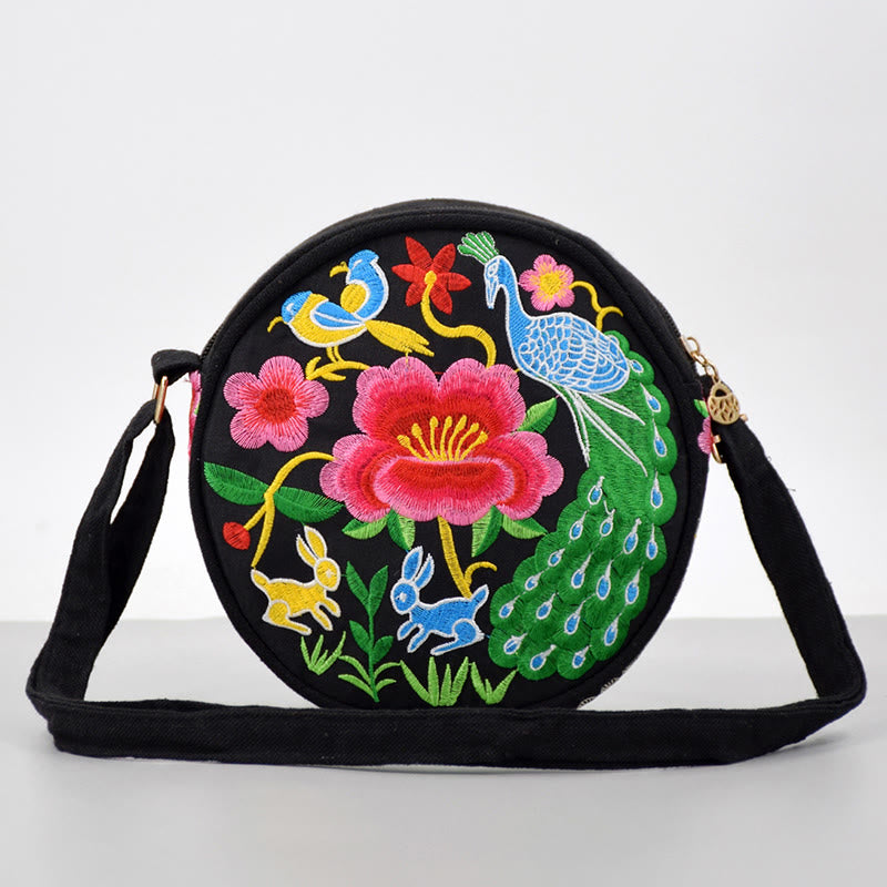 Buddha Stones, Geldbaum, Galsang, Inula, Blume, Pfingstrose, Rose, Pfau, doppelseitig bestickt, Canvas, Einkaufstasche, Handtasche, Umhängetasche