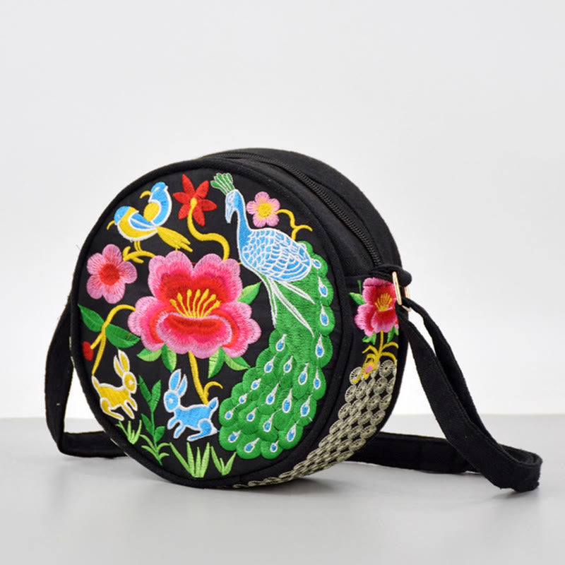 Buddha Stones, Geldbaum, Galsang, Inula, Blume, Pfingstrose, Rose, Pfau, doppelseitig bestickt, Canvas, Einkaufstasche, Handtasche, Umhängetasche