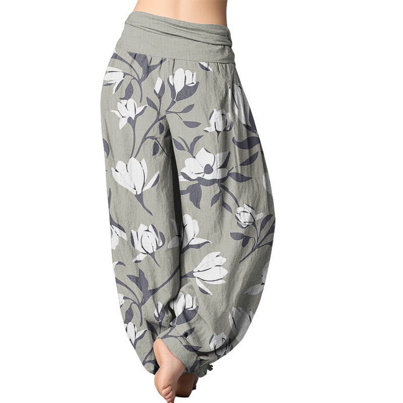 Buddha Stones Retro Magnolienblüten Damen Haremshose mit elastischer Taille