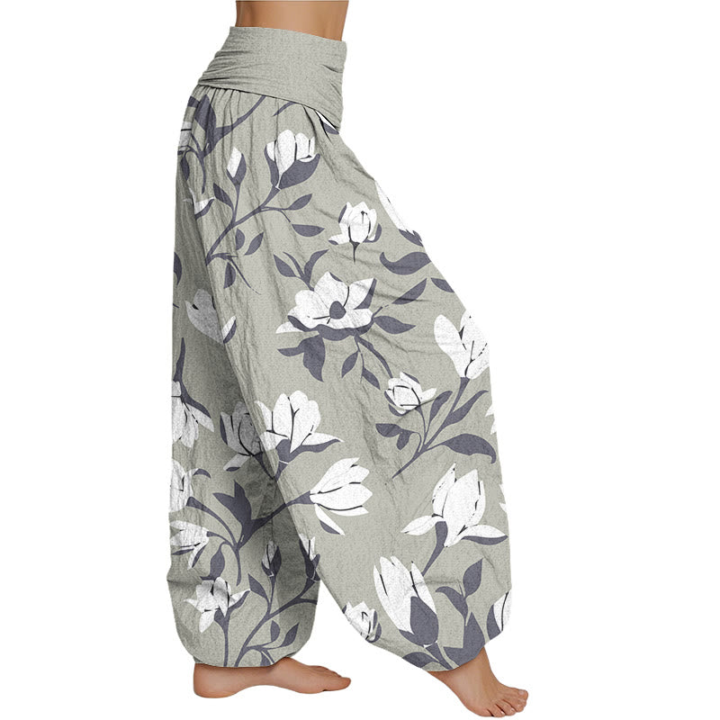 Buddha Stones Retro Magnolienblüten Damen Haremshose mit elastischer Taille