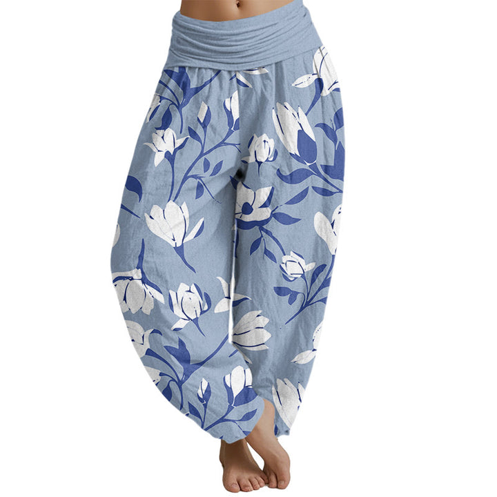 Buddha Stones Retro Magnolienblüten Damen Haremshose mit elastischer Taille