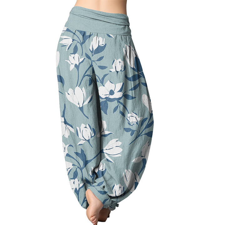 Buddha Stones Retro Magnolienblüten Damen Haremshose mit elastischer Taille