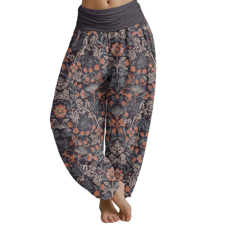 Lässige Haremshose mit Blumen- und Blättermuster für Damen mit elastischer Taille und Buddha Stones