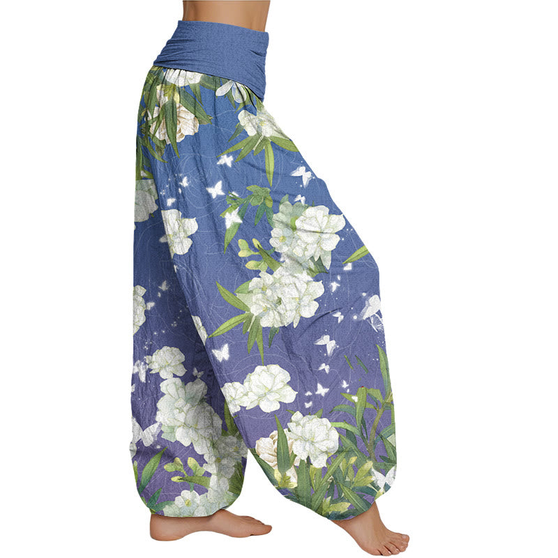 Buddha Stones Lässige Haremshose mit weißen Blumen für Damen, elastische Taille