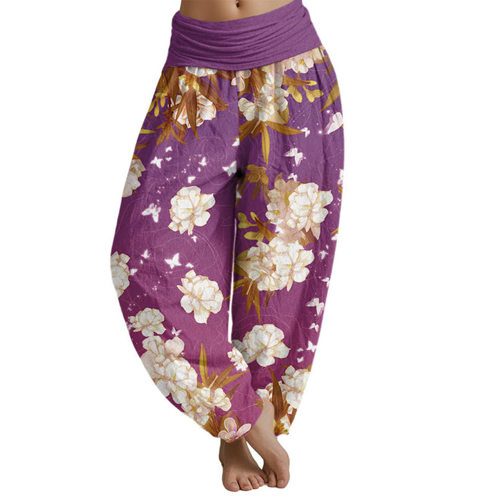 Buddha Stones Lässige Haremshose mit weißen Blumen für Damen, elastische Taille