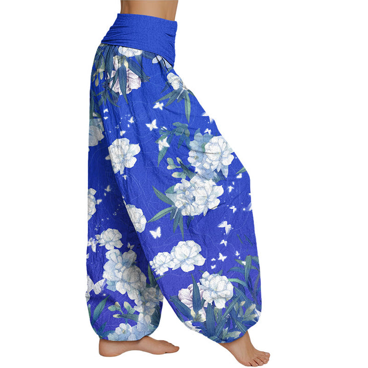 Buddha Stones Lässige Haremshose mit weißen Blumen für Damen, elastische Taille