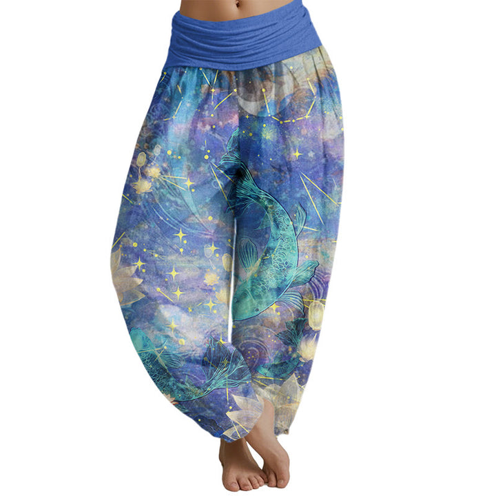 Haremshose mit elastischer Taille für Damen, mit Buddha Stones, Koi-Fisch, Lotus, Mond und Sternenmuster