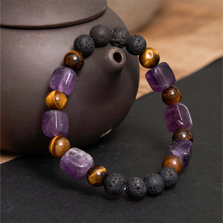 Buddha Stones, verschiedene Kristalle, Würfel, Amethyst, Lavastein, Stützarmband