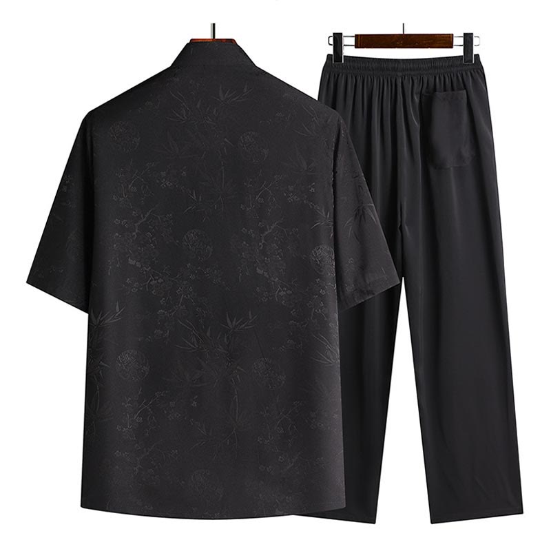 Buddha Stones Bambus Pfirsichblüte Tang Anzug Hanfu Traditionelle Uniform Kurzarm Oberteil Hosen Kleidung Herren Set - image 3