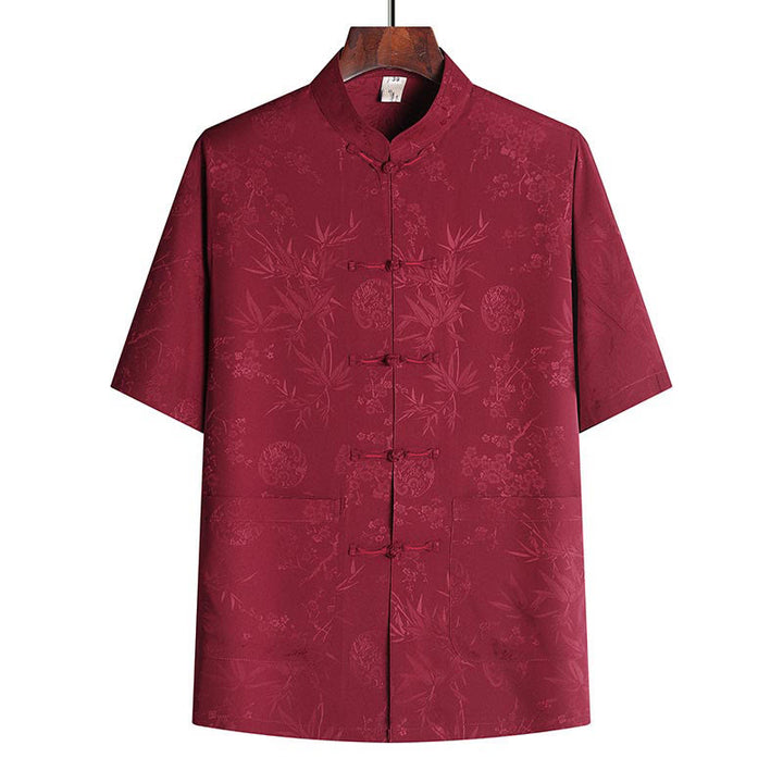 Buddha Stones Bambus Pfirsichblüte Tang Anzug Hanfu Traditionelle Uniform Kurzarm Oberteil Hosen Kleidung Herren Set - Red Top - US/ UK/AU42, EU52 (3XL) - image 6