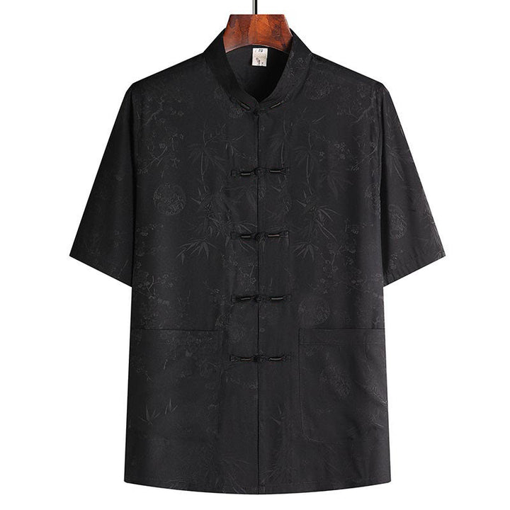 Buddha Stones Bambus Pfirsichblüte Tang Anzug Hanfu Traditionelle Uniform Kurzarm Oberteil Hosen Kleidung Herren Set - Schwarzes Oberteil - US/UK/AU42, EU52 (3XL) - image 8