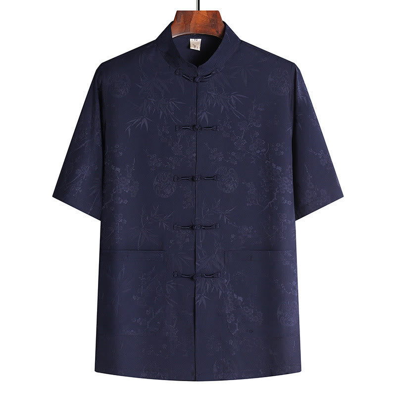 Buddha Stones Bambus Pfirsichblüte Tang Anzug Hanfu Traditionelle Uniform Kurzarm Oberteil Hosen Kleidung Herren Set - Marineblaues Oberteil - US/UK/AU42, EU52 (3XL) - image 7