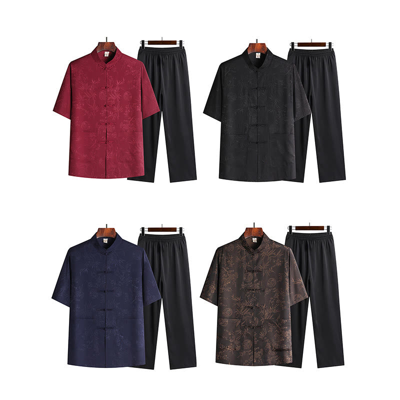 Buddha Stones Bambus Pfirsichblüte Tang Anzug Hanfu Traditionelle Uniform Kurzarm Oberteil Hosen Kleidung Herren Set - image 13