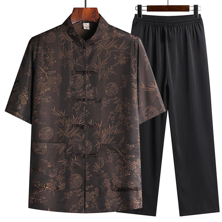 Buddha Stones Bambus Pfirsichblüte Tang Anzug Hanfu Traditionelle Uniform Kurzarm Oberteil Hosen Kleidung Herren Set