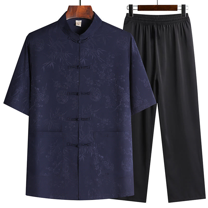 Buddha Stones Bambus Pfirsichblüte Tang Anzug Hanfu Traditionelle Uniform Kurzarm Oberteil Hosen Kleidung Herren Set - Marineblau (Oberteil & Hose) - US/UK/AU42, EU52 (3XL) - image 4
