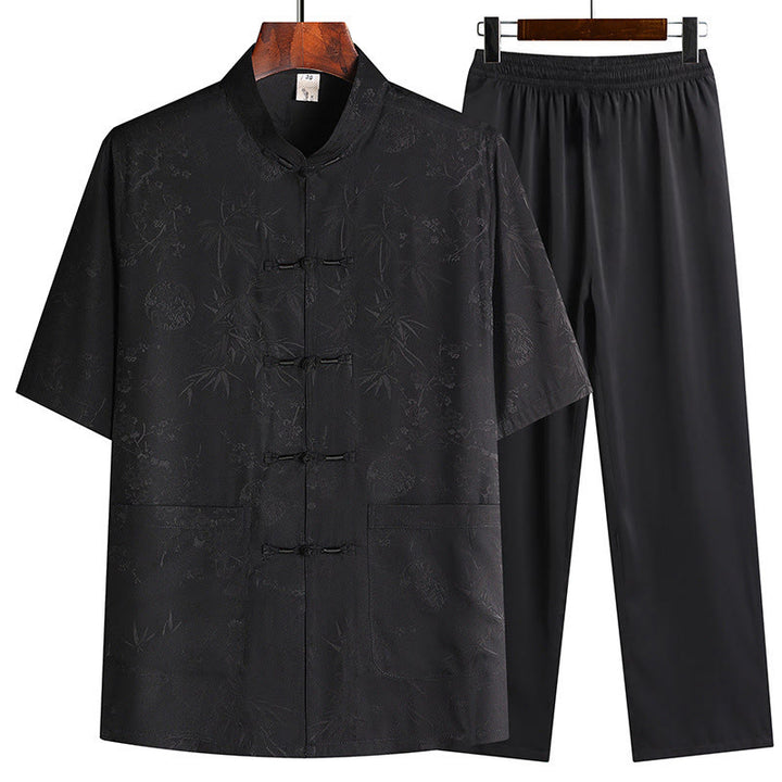 Buddha Stones Bambus Pfirsichblüte Tang Anzug Hanfu Traditionelle Uniform Kurzarm Oberteil Hosen Kleidung Herren Set - Schwarz (Oberteil & Hose) - US/UK/AU42, EU52 (3XL) - image 2