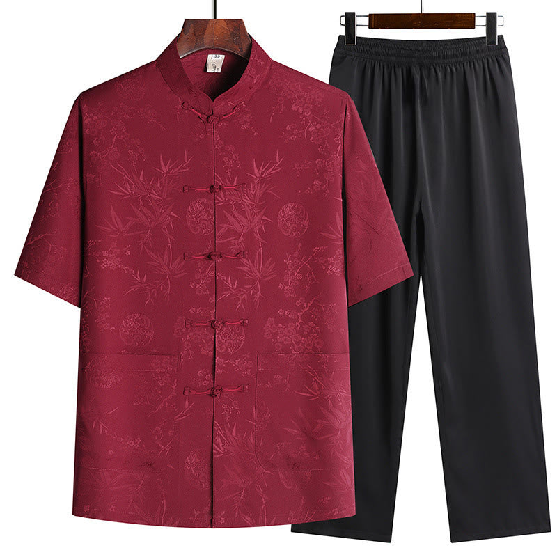 Buddha Stones Bambus Pfirsichblüte Tang Anzug Hanfu Traditionelle Uniform Kurzarm Oberteil Hosen Kleidung Herren Set - Rot (Oberteil & Hose) - US/UK/AU42, EU52 (3XL) - image 1