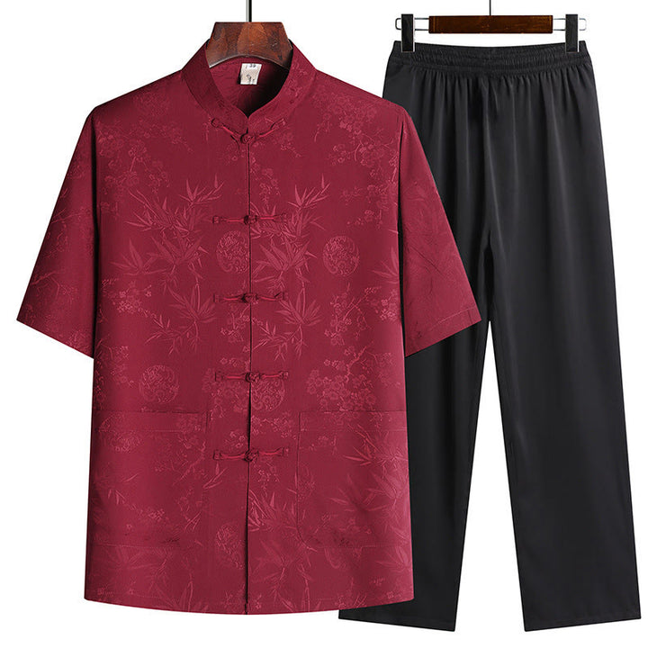 Buddha Stones Bambus Pfirsichblüte Tang Anzug Hanfu Traditionelle Uniform Kurzarm Oberteil Hosen Kleidung Herren Set - Rot (Oberteil & Hose) - US/UK/AU42, EU52 (3XL) - image 1