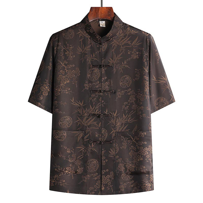 Buddha Stones Bambus Pfirsichblüte Tang Anzug Hanfu Traditionelle Uniform Kurzarm Oberteil Hosen Kleidung Herren Set - Braunes Oberteil - US/UK/AU42, EU52 (3XL) - image 5