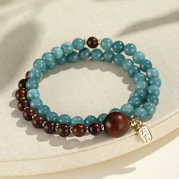 Armband mit Buddha Stones , blauer Chalcedon, grünes Sandelholz, kleines Blatt, rotes Sandelholz, doppelt gewickelt, emotionales Gleichgewicht