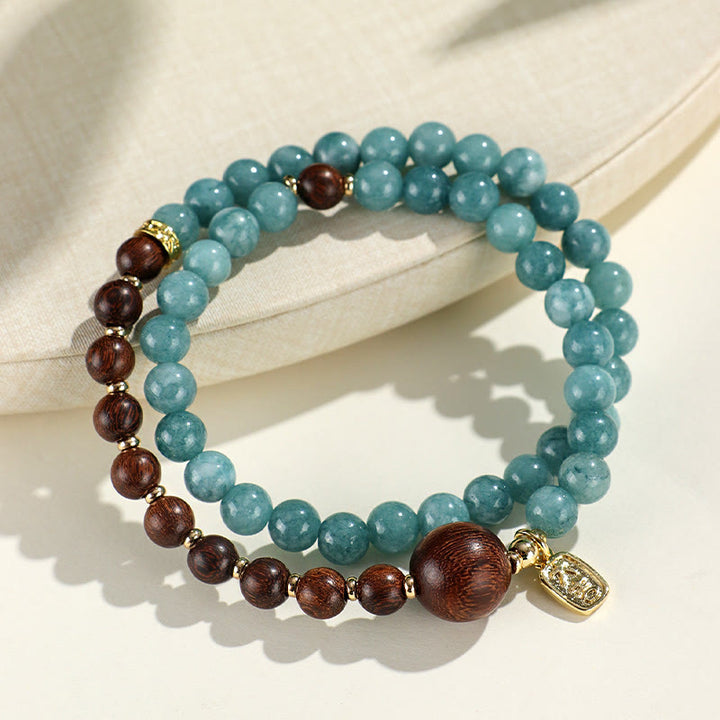 Armband mit Buddha Stones , blauer Chalcedon, grünes Sandelholz, kleines Blatt, rotes Sandelholz, doppelt gewickelt, emotionales Gleichgewicht