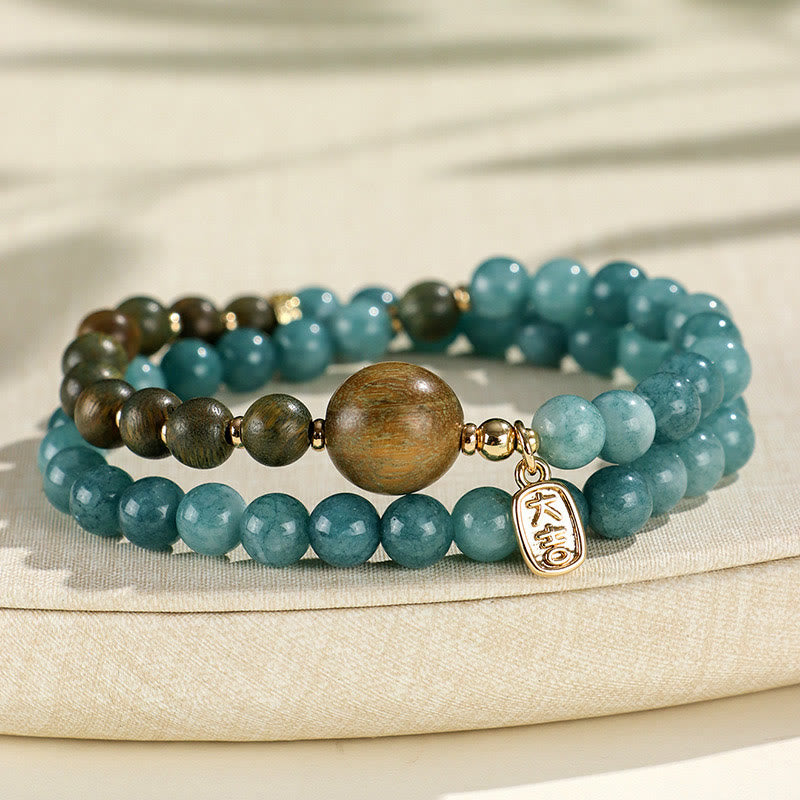 Armband mit Buddha Stones , blauer Chalcedon, grünes Sandelholz, kleines Blatt, rotes Sandelholz, doppelt gewickelt, emotionales Gleichgewicht