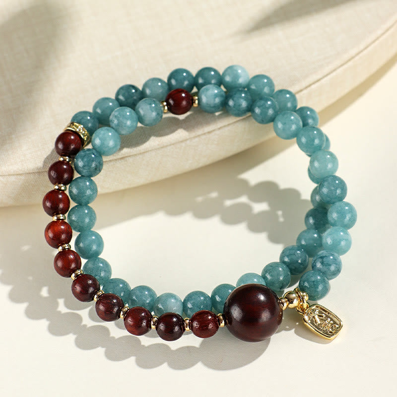 Armband mit Buddha Stones , blauer Chalcedon, grünes Sandelholz, kleines Blatt, rotes Sandelholz, doppelt gewickelt, emotionales Gleichgewicht