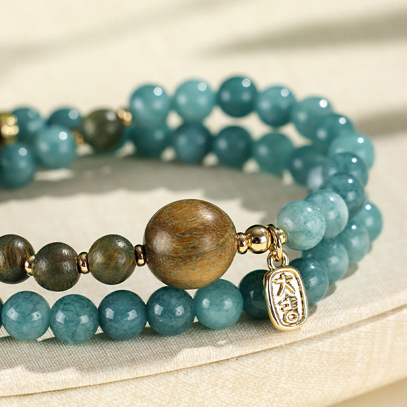 Armband mit Buddha Stones , blauer Chalcedon, grünes Sandelholz, kleines Blatt, rotes Sandelholz, doppelt gewickelt, emotionales Gleichgewicht