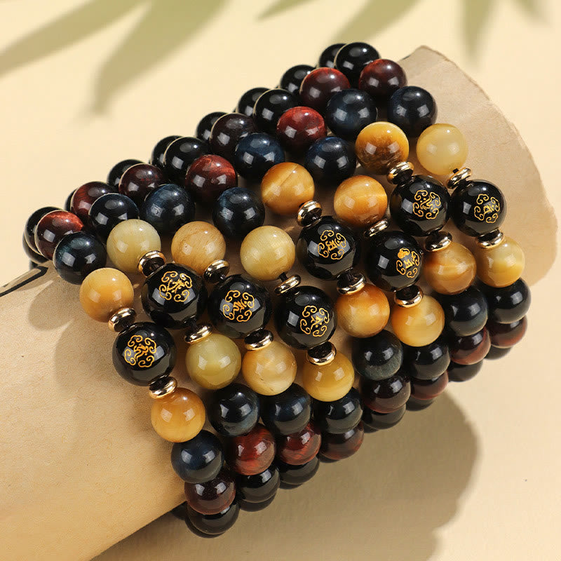 Buddha Stones , schwarzer Onyx, Tigerauge, Om Mani Padme Hum, chinesisches Sternzeichen, Geburts-Buddha-Stützarmband - image 1